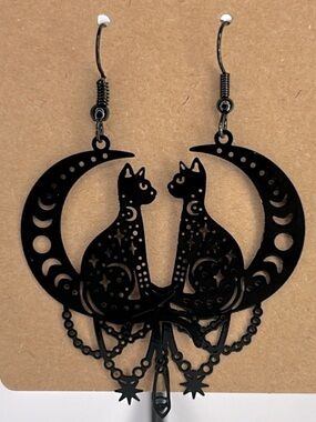Cat On Moon Black Brass Dangle Earrings Elegant Fun